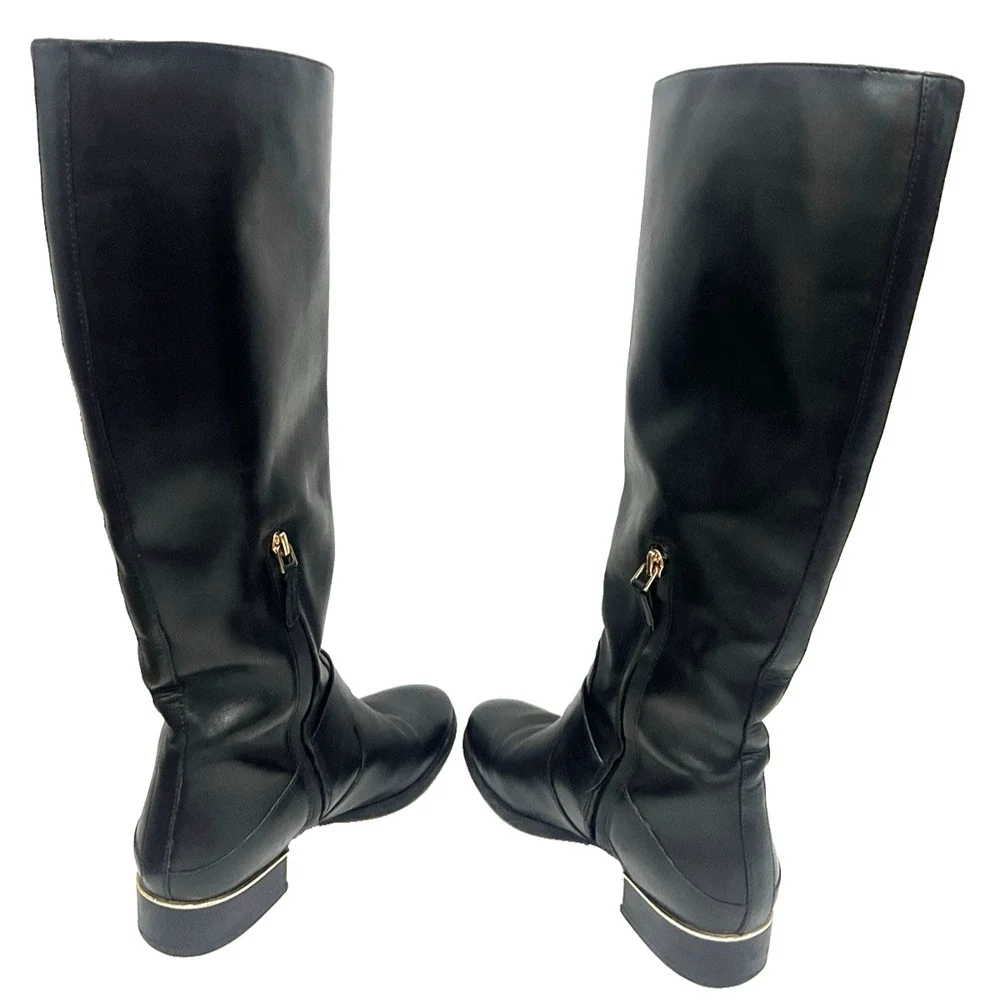 Tory Burch Sophia Black Leather Tall Riding Side Zip Boots 7M Gold Accents Logo